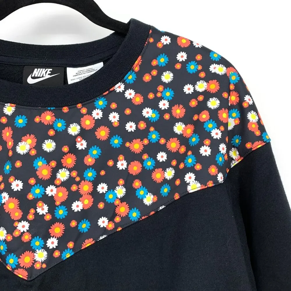 Nike Cropped Heritage Floral Print Crew Neck Sweatshirt Womens Sz Medium Black